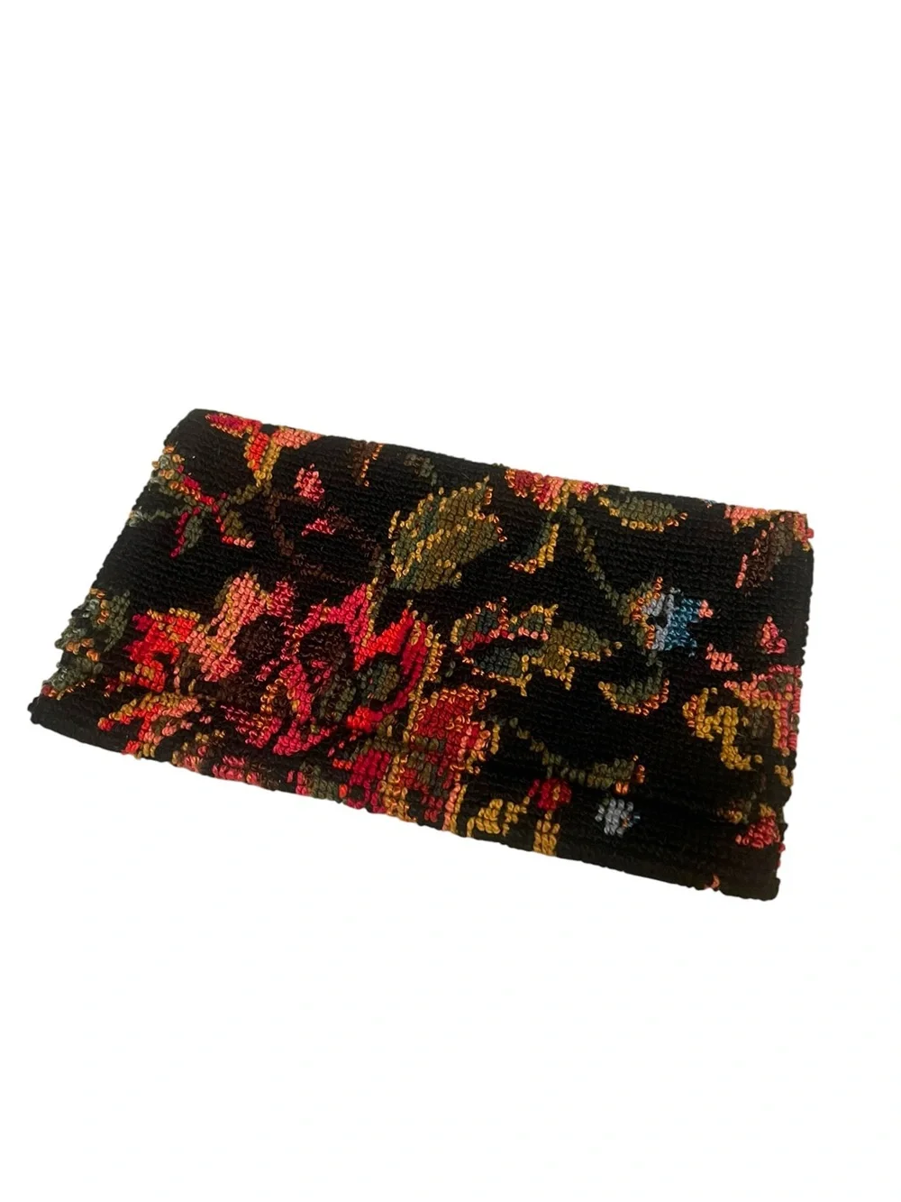 Vintage 70s Floral Needlepoint Fold Over Clutch Tapestry Evening Purse Boho
